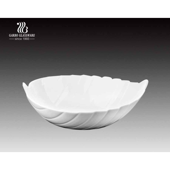 Leaf-shaped Classical 10.5-inch Wholesale White Opal Glass Bowl Engraved Cereal Bowls