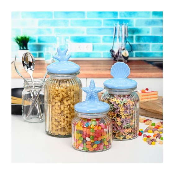 Various sizes Glass airtight storage jar set with Ocean theme ceramics lid storage jar containers candy